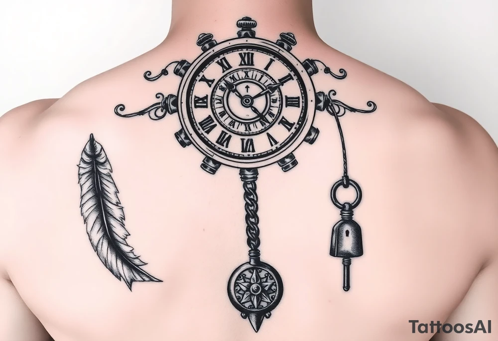 A gearered clock and a feather and a lock and key ,and a dreamcatch as a start of all new series of tattoos tattoo idea