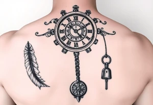 A gearered clock and a feather and a lock and key ,and a dreamcatch as a start of all new series of tattoos tattoo idea
