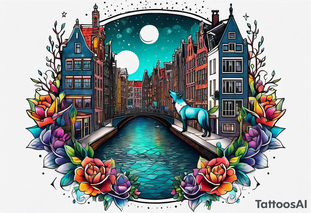 Tattoo of wolf and stag in Amsterdam featuring Amsterdam buildings and canal in galaxy colours featuring glass tattoo idea