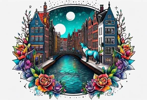 Tattoo of wolf and stag in Amsterdam featuring Amsterdam buildings and canal in galaxy colours featuring glass tattoo idea