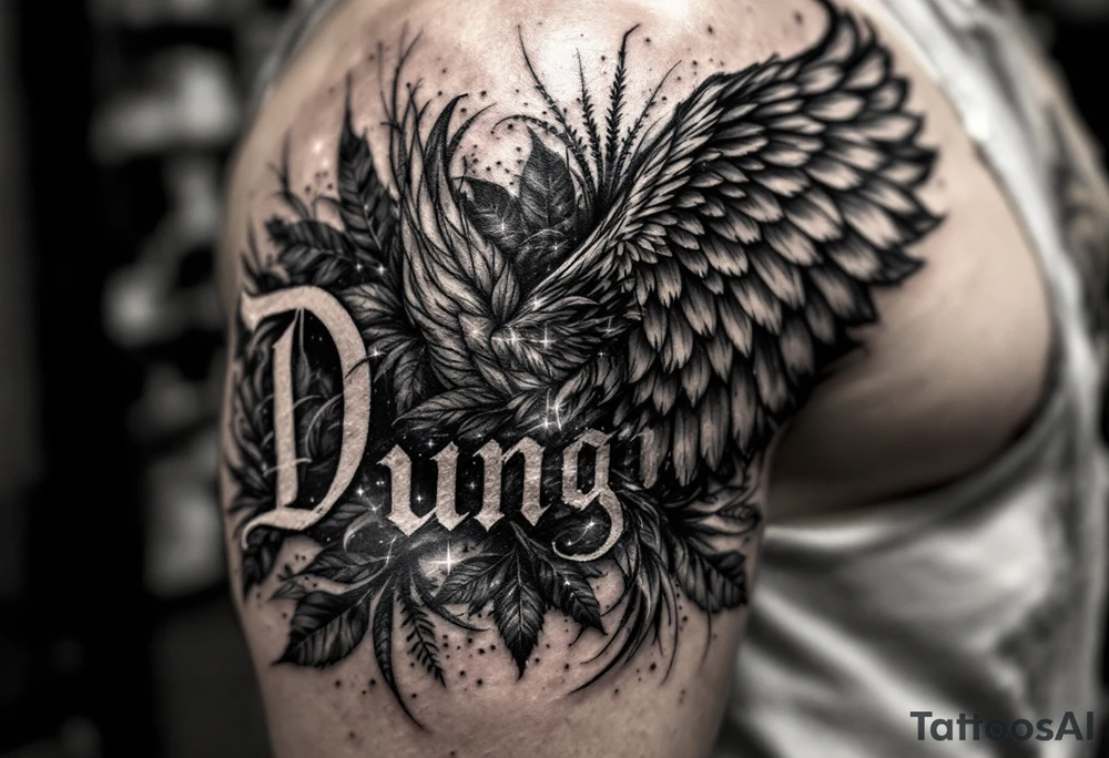 Dunning, Details include on left arm, name in white color,angel wing, wet jungle leaves,cool font, galaxy background filling, tattoo idea