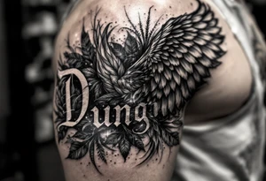 Dunning, Details include on left arm, name in white color,angel wing, wet jungle leaves,cool font, galaxy background filling, tattoo idea