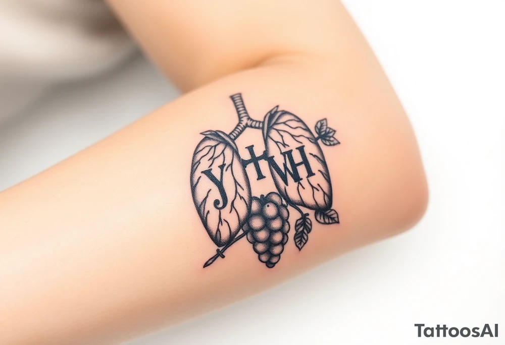 Initials YH WH in lungs with cross and grapes on vine tattoo idea