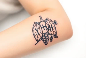 Initials YH WH in lungs with cross and grapes on vine tattoo idea