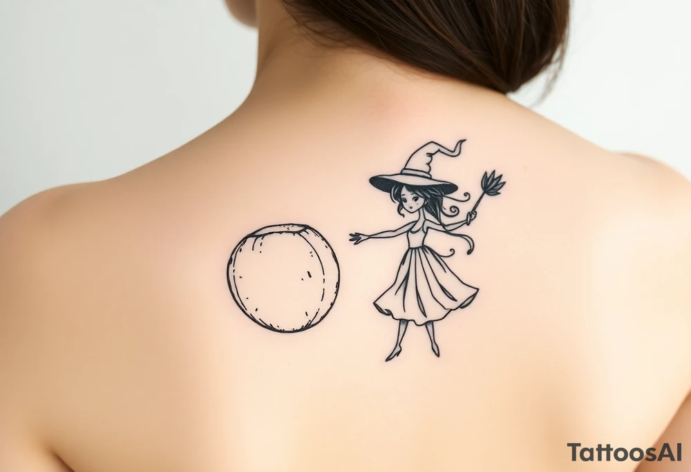 Coconut with a lime and a dancing magical witch girl tattoo idea