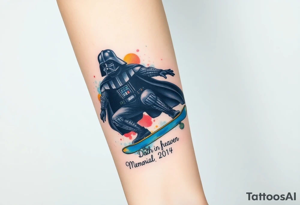Darth Vader skateboarding > memorial in heaven > bullets
blue. red. yellow.
skateboard words "Darth Carter"
add date 12/29/88-01/06/24 tattoo idea