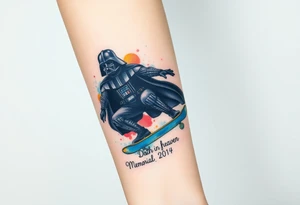 Darth Vader skateboarding > memorial in heaven > bullets
blue. red. yellow.
skateboard words "Darth Carter"
add date 12/29/88-01/06/24 tattoo idea