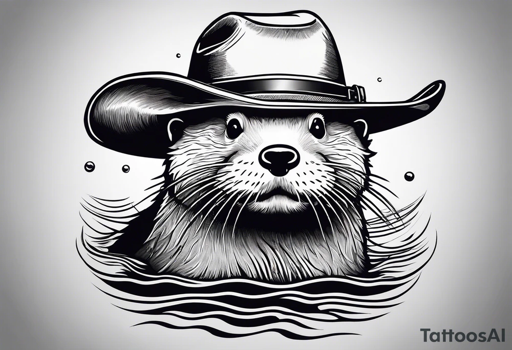 an otter floating on its back in a lake with a cowboy hat tattoo idea