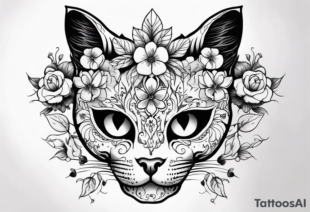 Cat skull with flowers coming out of eye holes tattoo idea
