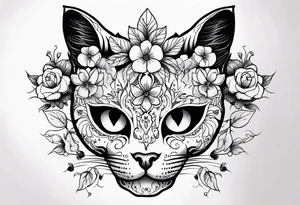 Cat skull with flowers coming out of eye holes tattoo idea