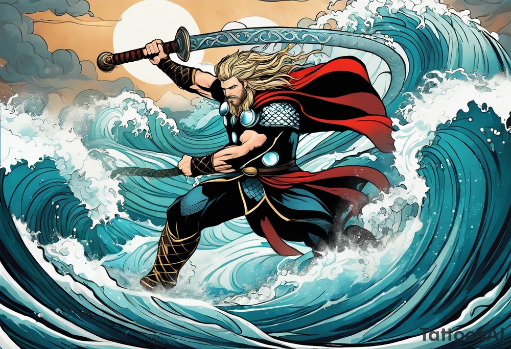 Thor fighting the world serpent in the ocean in a typhoon tattoo idea