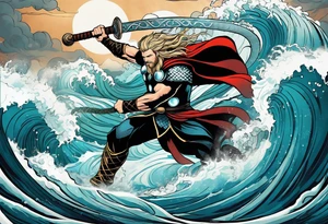 Thor fighting the world serpent in the ocean in a typhoon tattoo idea