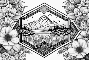 A geometric half sleeve with flowers and a mountain in the geometric pattern tattoo idea
