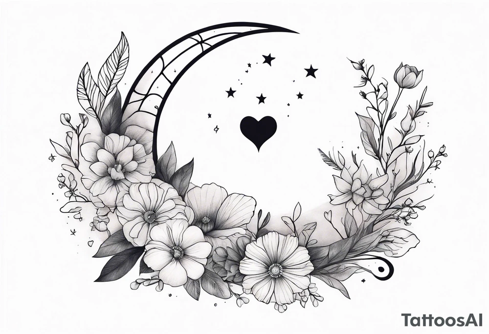 hand tattoo of a Crescent moon with a heart inside, shrouded by beautiful flowers with wisps of mist tattoo idea