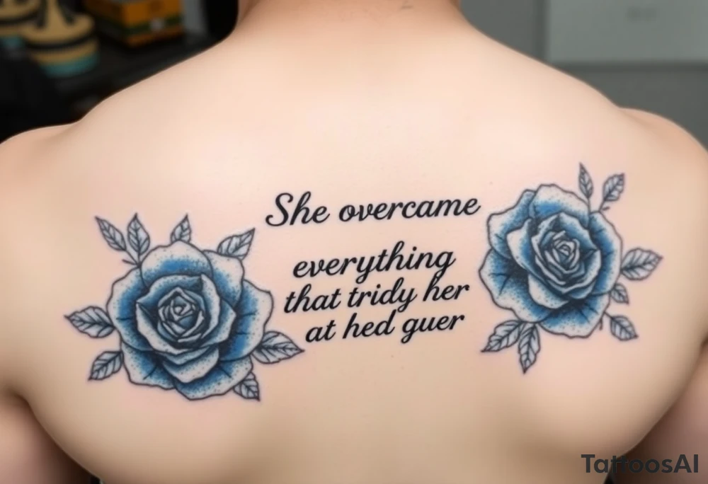 blue roses with the quote She overcame everything that tried to destroy her tattoo idea