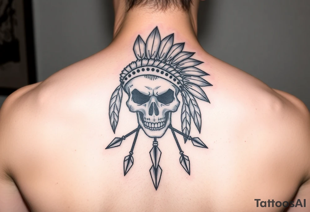 Native American skull with head dress and arrows below tattoo idea