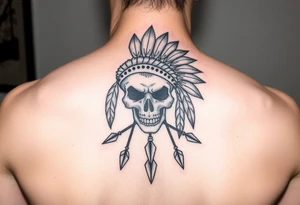 Native American skull with head dress and arrows below tattoo idea