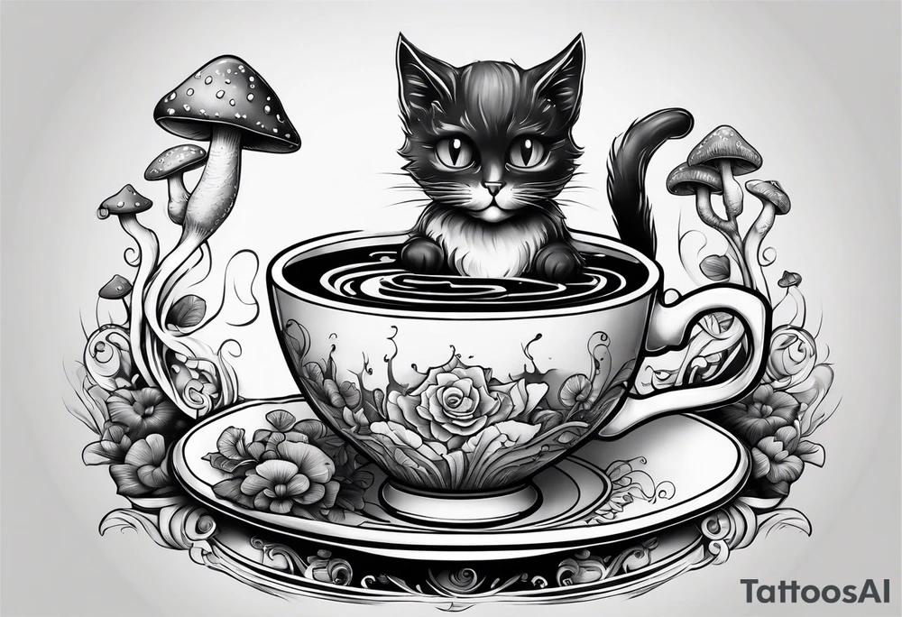 A mysterious cat taking a hot mushrooms cup of tea tattoo idea