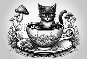 A mysterious cat taking a hot mushrooms cup of tea tattoo idea