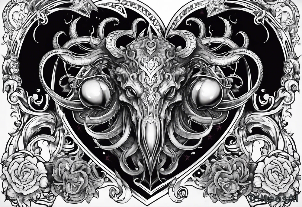 Long tattoo. Lovecraftian creature protecting a heart. tattoo idea