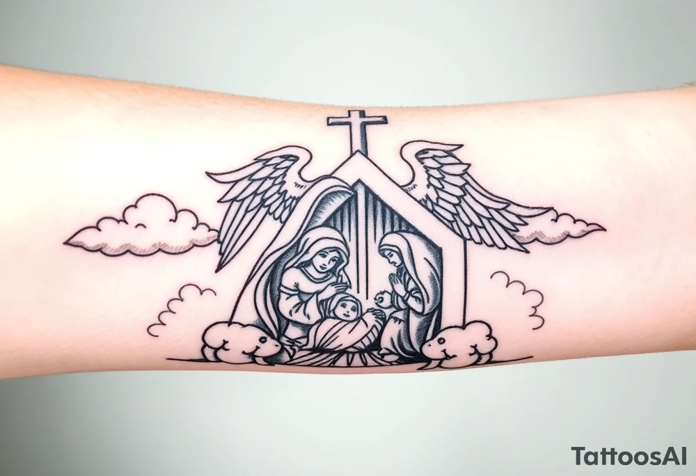 HALF SLEEVE forearm IDEA:
clouds
angel with wings portrait 
cross
The Nativity: The birth of Jesus in a manger, surrounded by Mary, Joseph, shepherds, and animals. It symbolizes hope and the beginning of Christ's life on Earth.
covers the enitre forearm tattoo idea