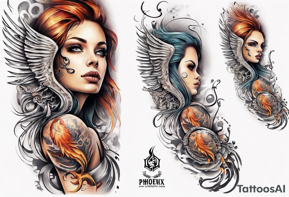 Sleeve tattoo on a woman's arm. Phoenix tattoo idea