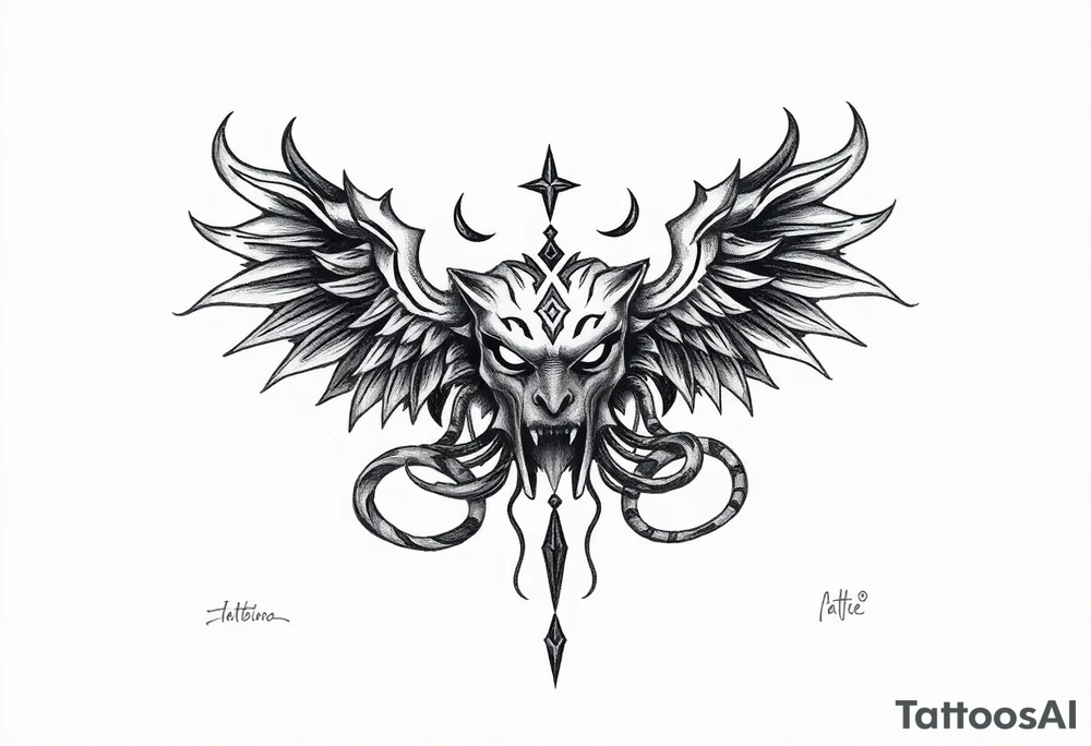 Inspirado en Caos, la entidad griega que existía antes de todo.

Diseño abstracto: torbellino oscuro con símbolos antiguos, rostros ocultos, ojos cerrados.

Al centro del pecho puede tener una grieta con luz negra o figuras serpenteantes. tattoo idea