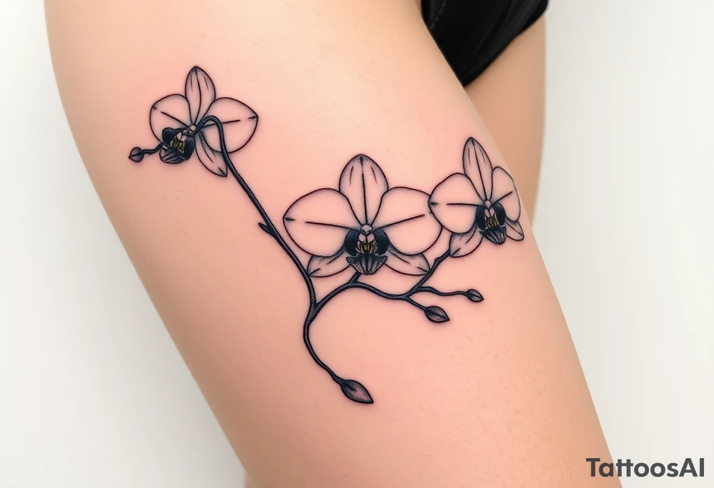 Three fine line orchids different size realistic and a mix of vagina. Are connected with branches tattoo idea