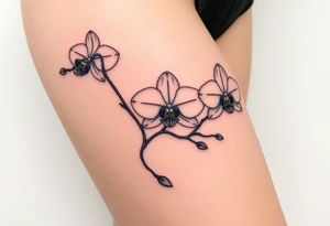 Three fine line orchids different size realistic and a mix of vagina. Are connected with branches tattoo idea