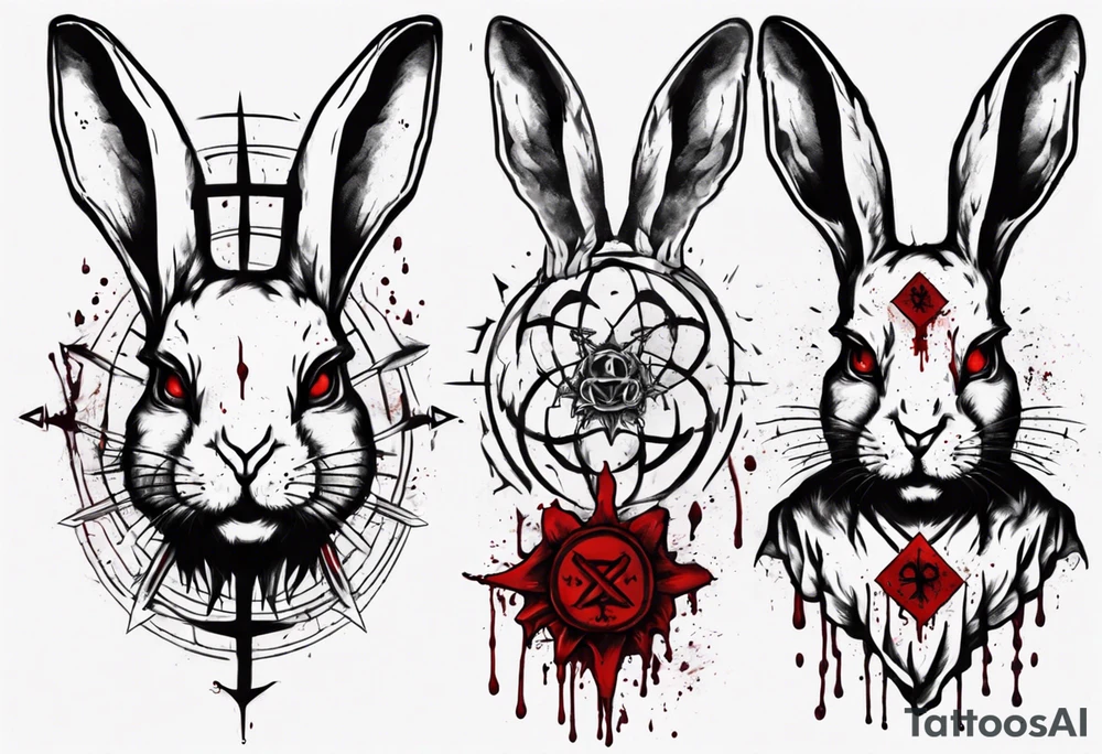 rabbit with bloody face and satanic symbol on its forehead tattoo idea