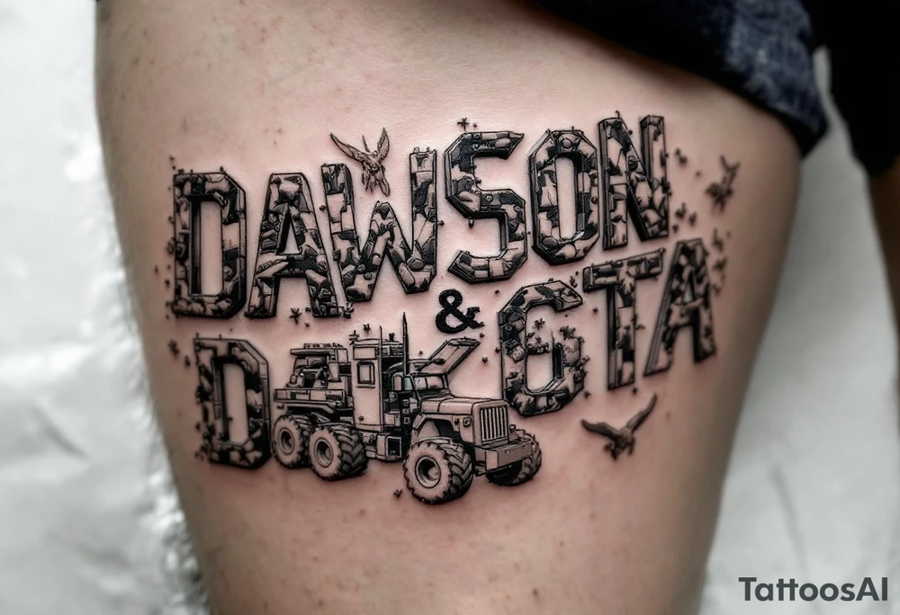 Dawson and Dakota spelled with legos and trucks and animals tattoo idea