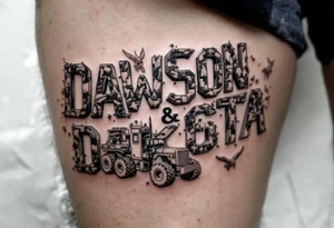 Dawson and Dakota spelled with legos and trucks and animals tattoo idea