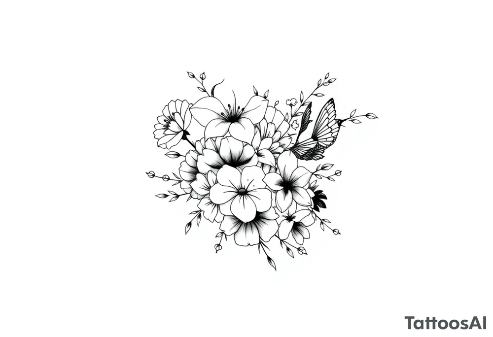 half sleeve floral bouquet done very light handed and with soft lines with the following flowers - 1 large violet, 1 large carnation, 1 large lily of the valley, 1 large narcicuss, 1 medium carnation, 1 medium violet, 1 small dafodil, 2 small water lillies, and 1 small chrysanthemum. Add a hummingbird drinking out of the large narcicuss. tattoo idea
