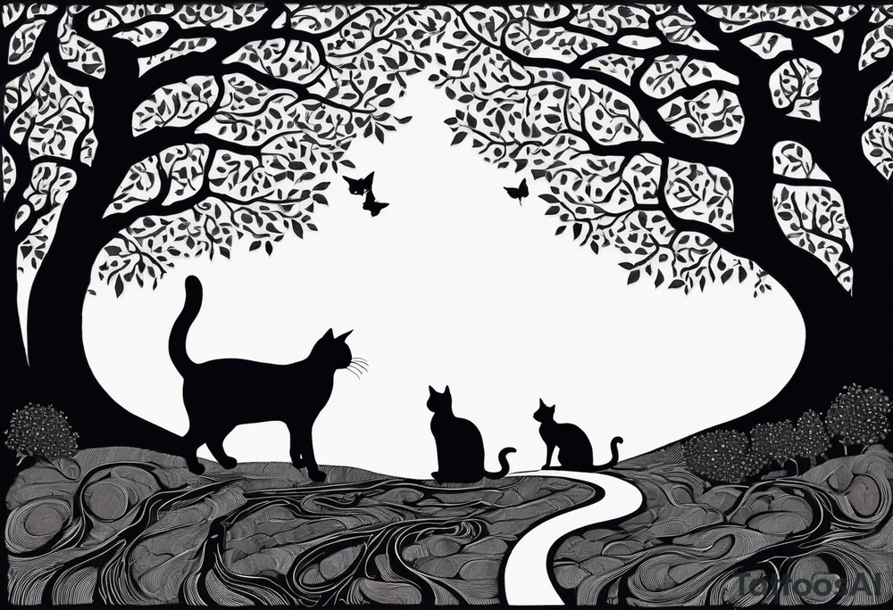 A winding uneven stone path, either side is mystical looking flora and tree roots, the path ends in a bundle of treee roots that turn into a galaxy. walking the path is a black sillouette of a man in a suit with a cat walking next to him, spread out randomly along the design are three other cat silhouettes hiding in the borders. at the very end of the path is a black silhouette of a woman in a dress holding an umbrella facing to her left. tattoo idea