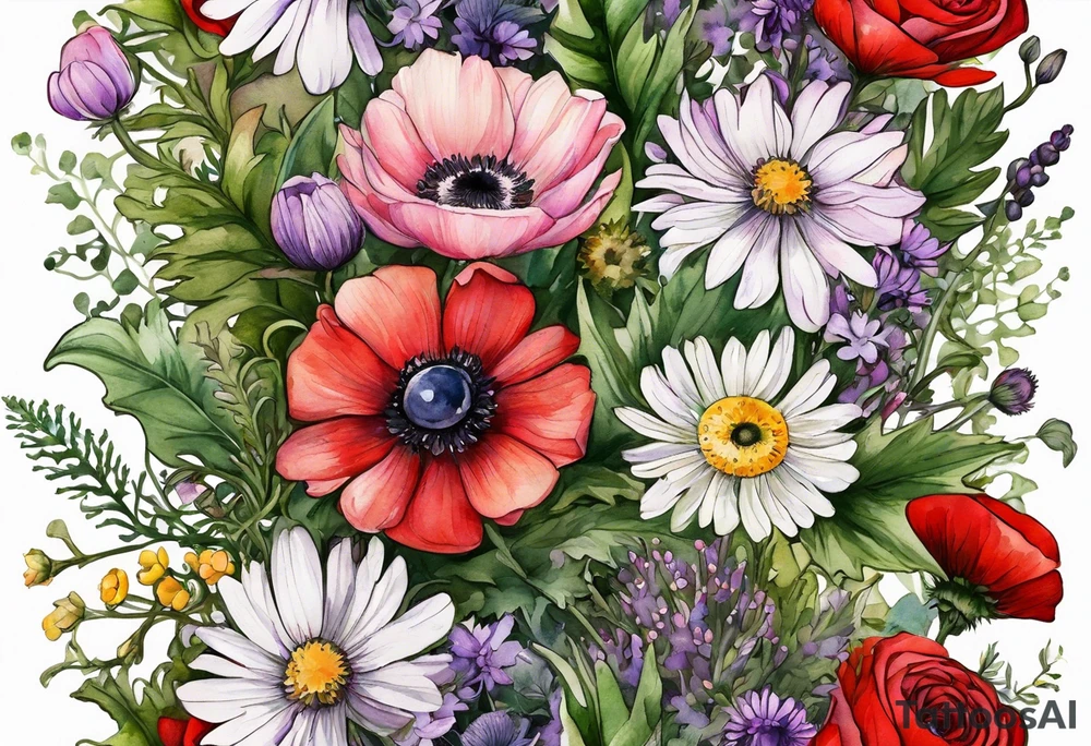 wildflowers with thistles, ferns, ranuculus, white anemones with black center, sun flowers, red flowers, pink flowers, purple flowers, buttercups, babys breath, daisies, and greenery all in watercolor tattoo idea