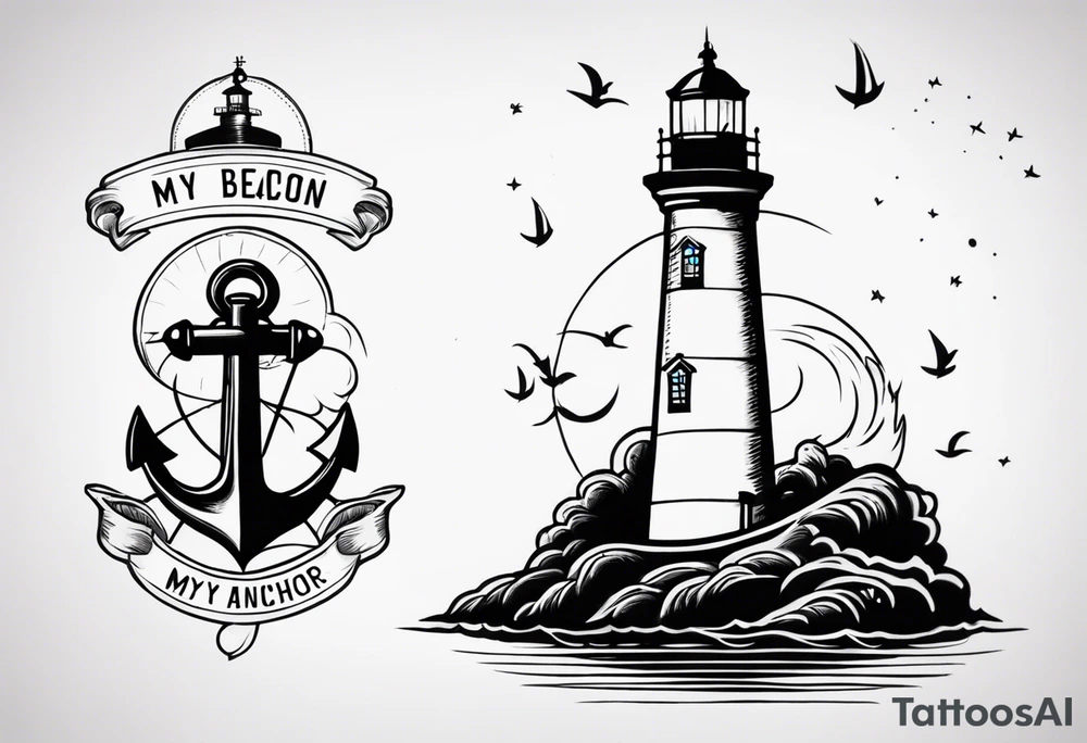 Lighthouse and anchor that says "my beacon, my anchor" tattoo idea