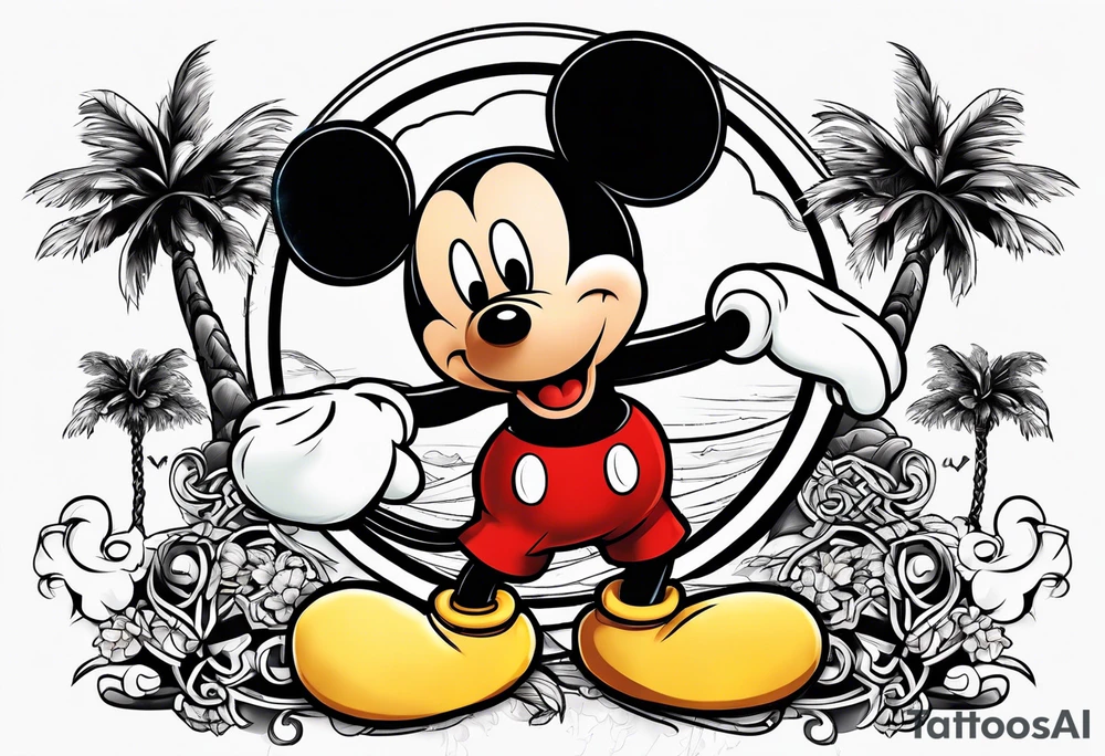 mickey mouse doing martial arts with palm trees, lightning storm and the celtic symbol for family tattoo idea