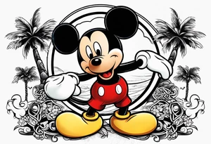 mickey mouse doing martial arts with palm trees, lightning storm and the celtic symbol for family tattoo idea