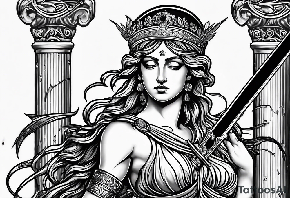 "I would like to depict Themis (Greek Goddess of Justice) cutting her own eyes with her sword." tattoo idea