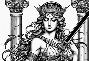 "I would like to depict Themis (Greek Goddess of Justice) cutting her own eyes with her sword." tattoo idea