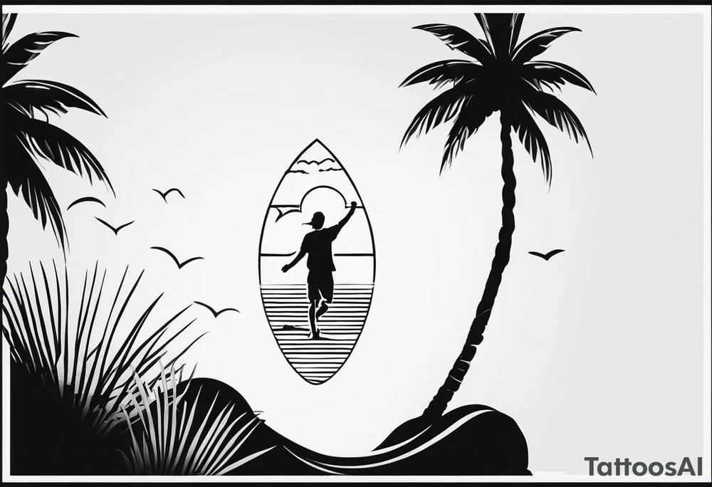 travel tattoo with mantra happiness on ankle elongated with the image of a sea ​​selfie and palm trees tattoo idea