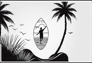 travel tattoo with mantra happiness on ankle elongated with the image of a sea ​​selfie and palm trees tattoo idea