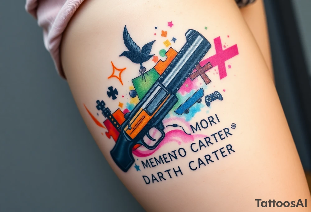 colorful futuristic memory tattoo for passed boyfriend;, star wars, Harley Davidson, skateboarding, puzzle pieces, video games, heaven, god, outdoors, beretta 9mm gun, words MEMENTO MORI & DARTH CARTER tattoo idea