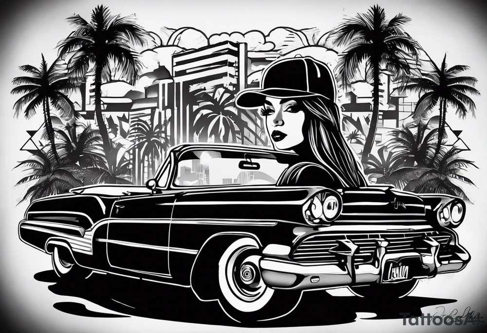 i want the tattoo design to be black and white collage with a mix of urban, graffiti, and street art styles. She must wear a cap with graffiti-style lettering on it.Palm trees are integrated into the background, suggesting a tropical or Californian vibe. Below the woman's portrait, there must be a depiction of a classic lowrider car, adding to the urban feel. The words "Live Now" are written in a dynamic, flowing script across the design, further emphasizing the theme of living in the moment. The overall style is a mix of realism and abstract elements, with splashes, drips, and various textures creating a layered, graffiti-inspired aesthetic tattoo idea