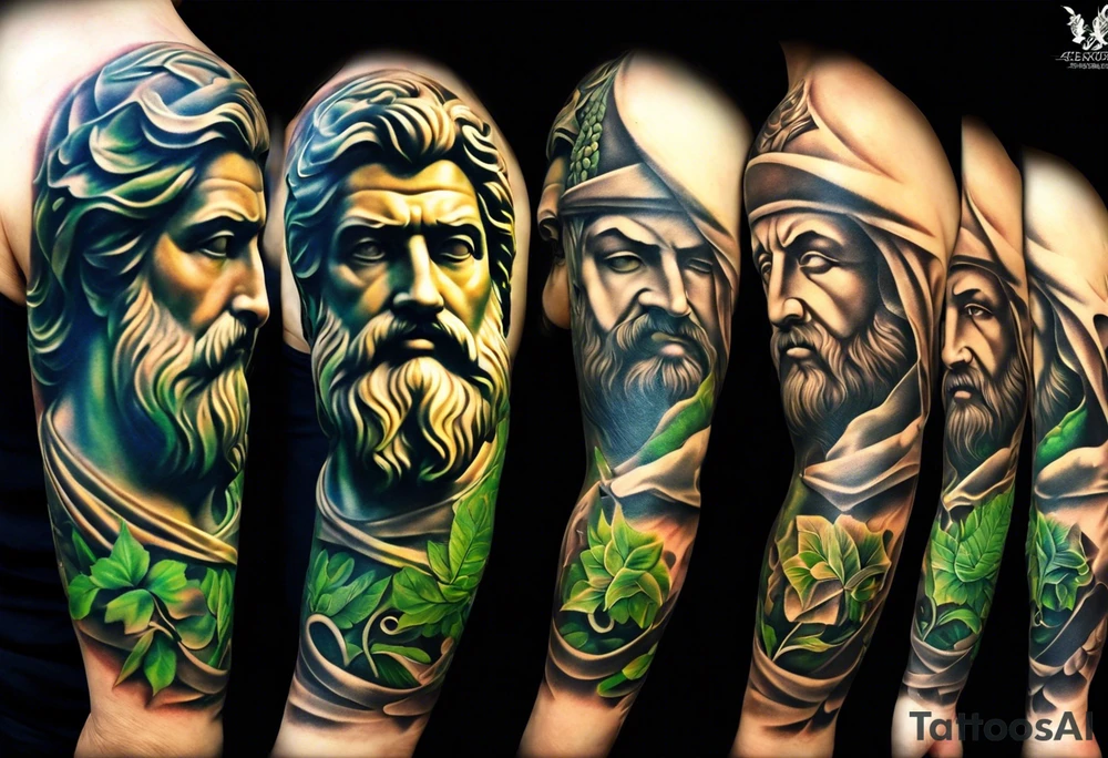 a tattoo full sleeve of stoic heroes in statue form including plato, socrates, alexander the great, julius ceasar, aristotle, pythagorus and william marshal. small amounts of Green english vine plant running through the whole tattoo. all fit on one arm. tattoo idea