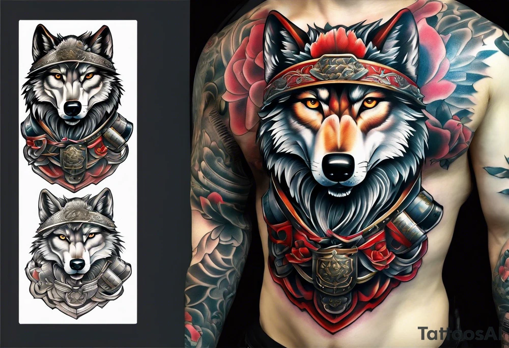 Wolf with samurai armor full sleeve tattoo idea