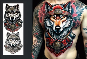 Wolf with samurai armor full sleeve tattoo idea