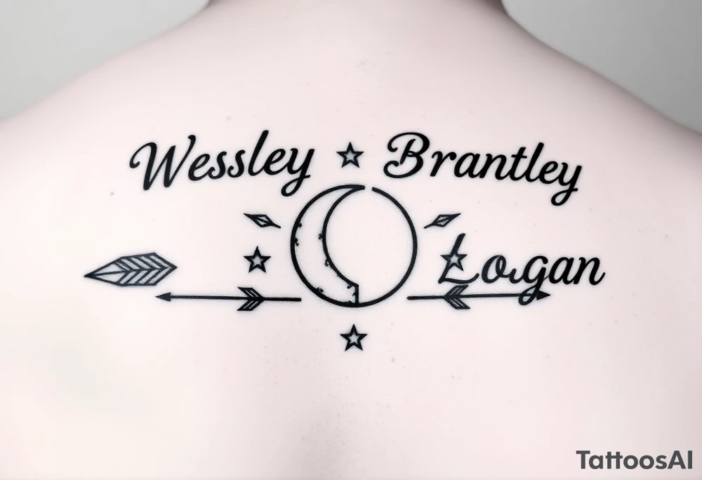 3 name tattoo with Wesley Brantley Logan with arrows infinity moon and stars tattoo idea