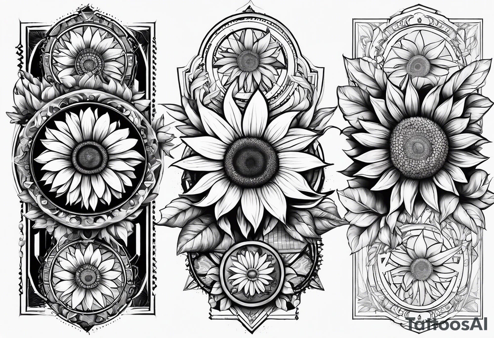 Arm sleeve Foral sunflower and roman numeral tattoo idea