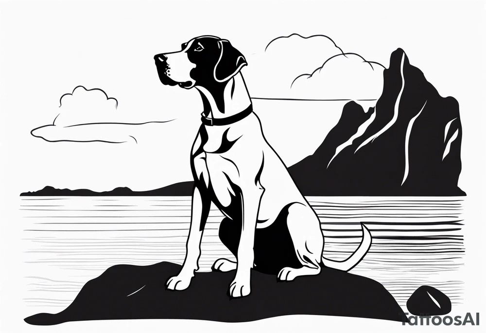 Arm sleeve with Great Dane (Full Tuxedo Color and floppy ears) standing proudly chest up on a rock in front of a body of water tattoo idea